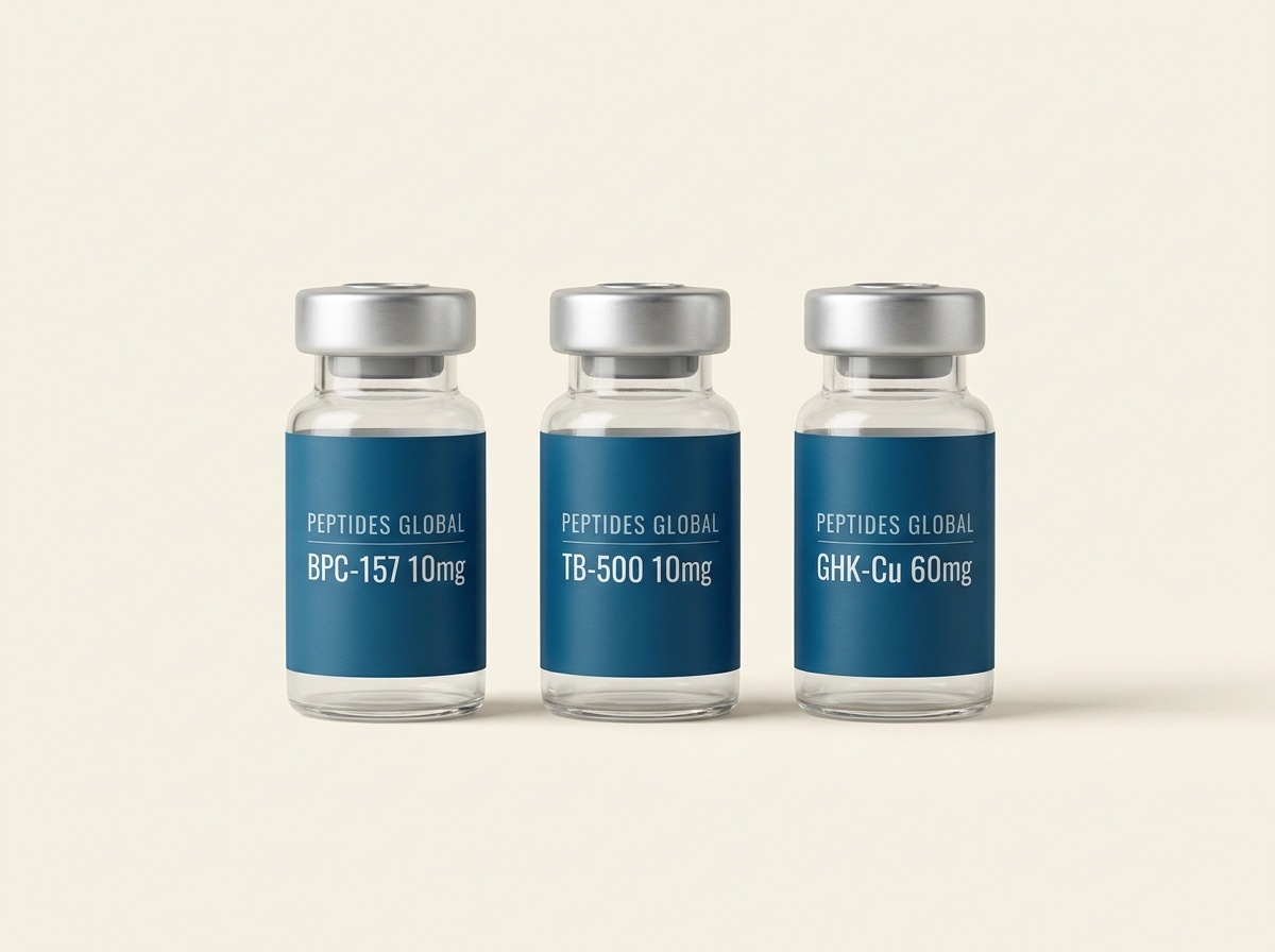 Peptides Global research compound vials — BPC-157, TB-500 and GHK-Cu